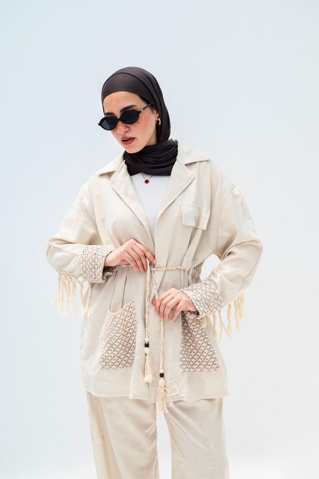 FRINGED LINEN-BLEND MATCHING SET
