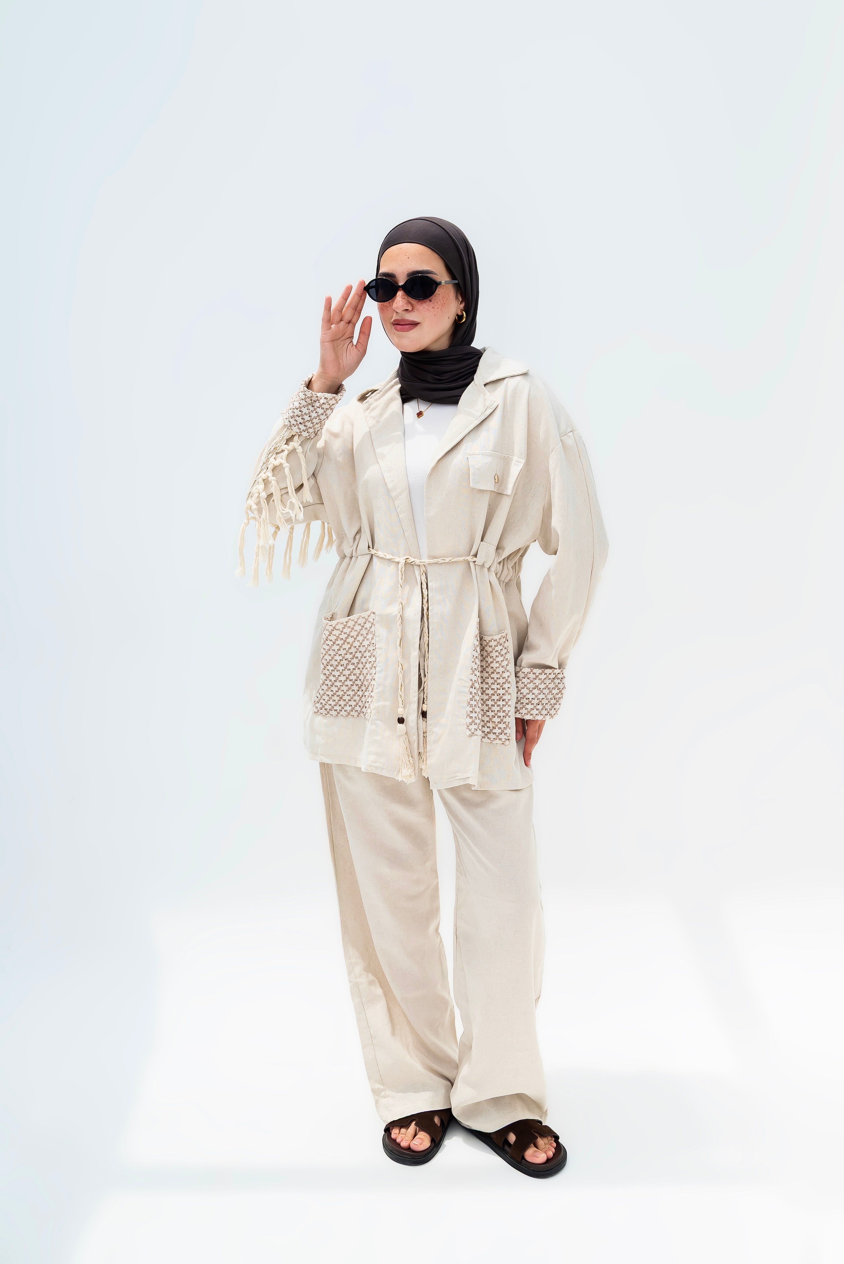 FRINGED LINEN-BLEND MATCHING SET